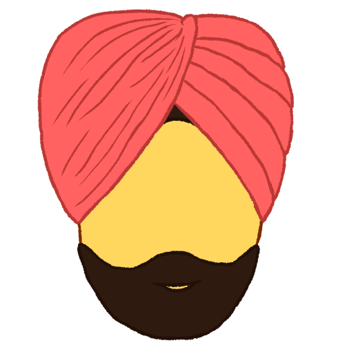 a person with a black beard wearing a light pink turban.